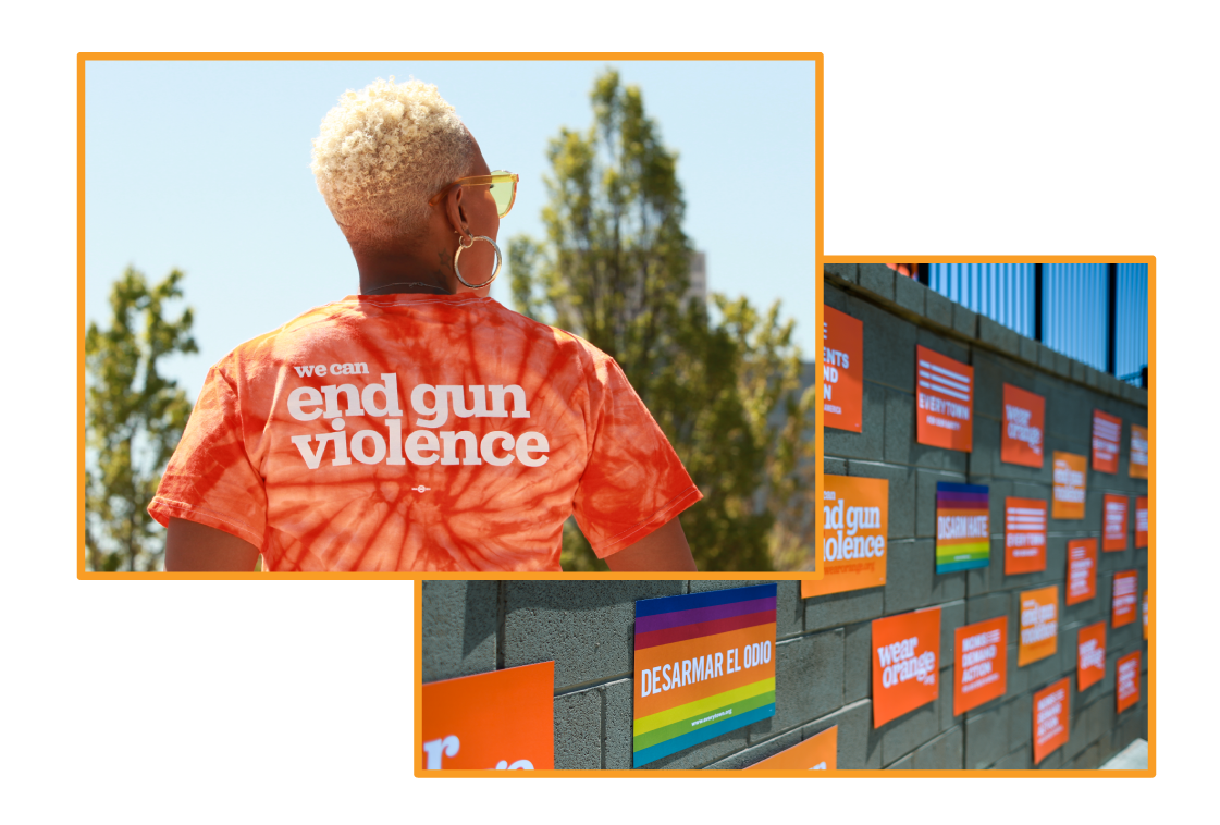 A collage of Wear Orange photos, including a woman wearing a We can end gun violence t-shirt and signs on a wall for Wear Orange